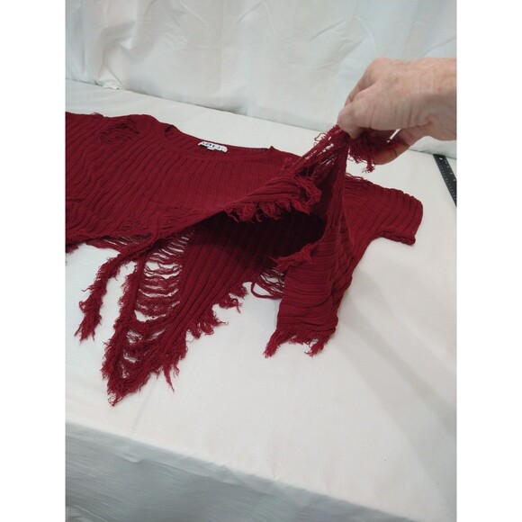 Love J Size M Distressed Cropped Short Sleeve Fringe Thrashed Red Wine Sweater - Picture 8 of 13